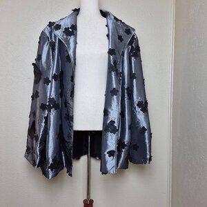 Painted Pony Long Sleeves Blazer Metalic Silver with Black Flower Accent Size 3X
